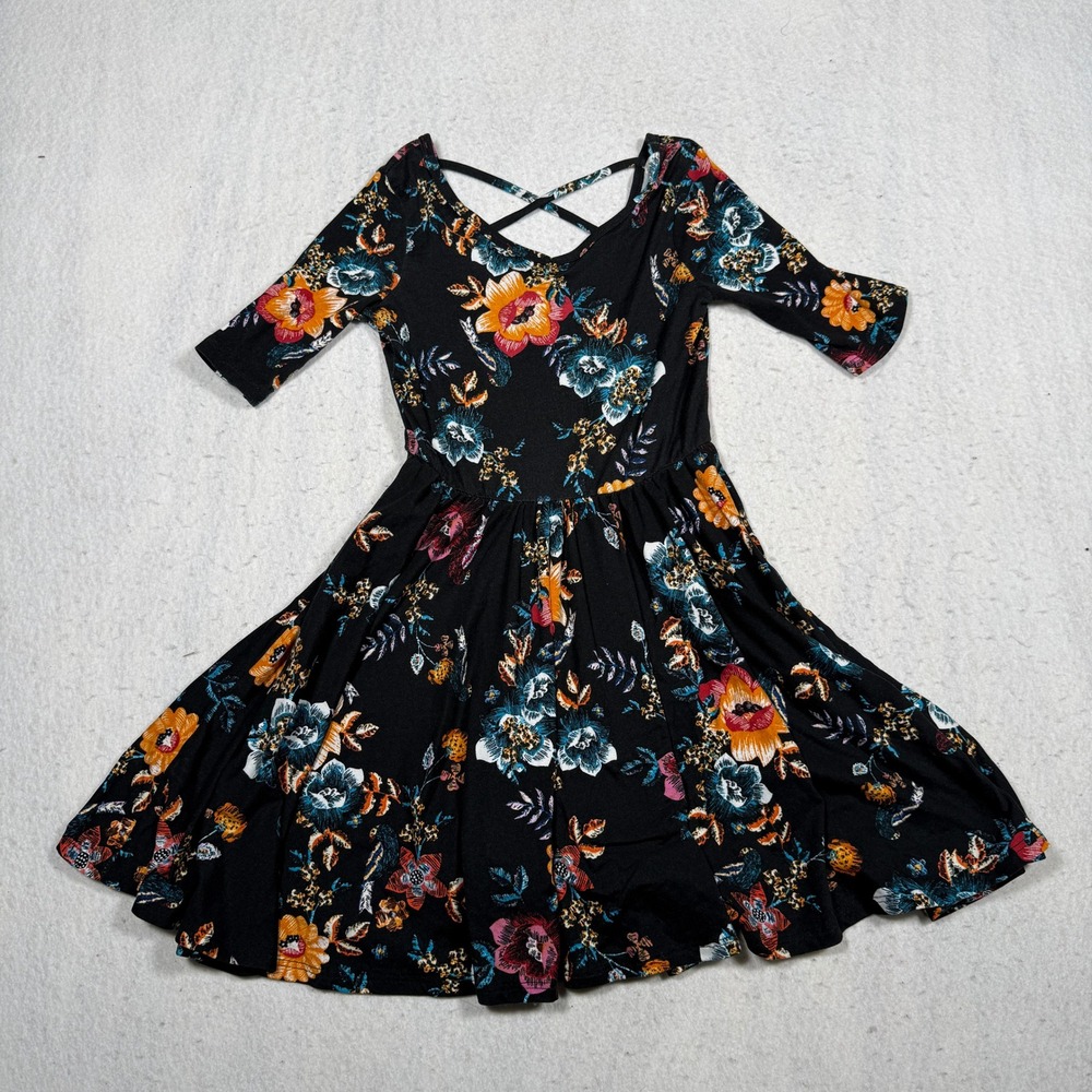 DotDotSmile Girls Black Floral Skater Dress Criss Cross Back Size 7